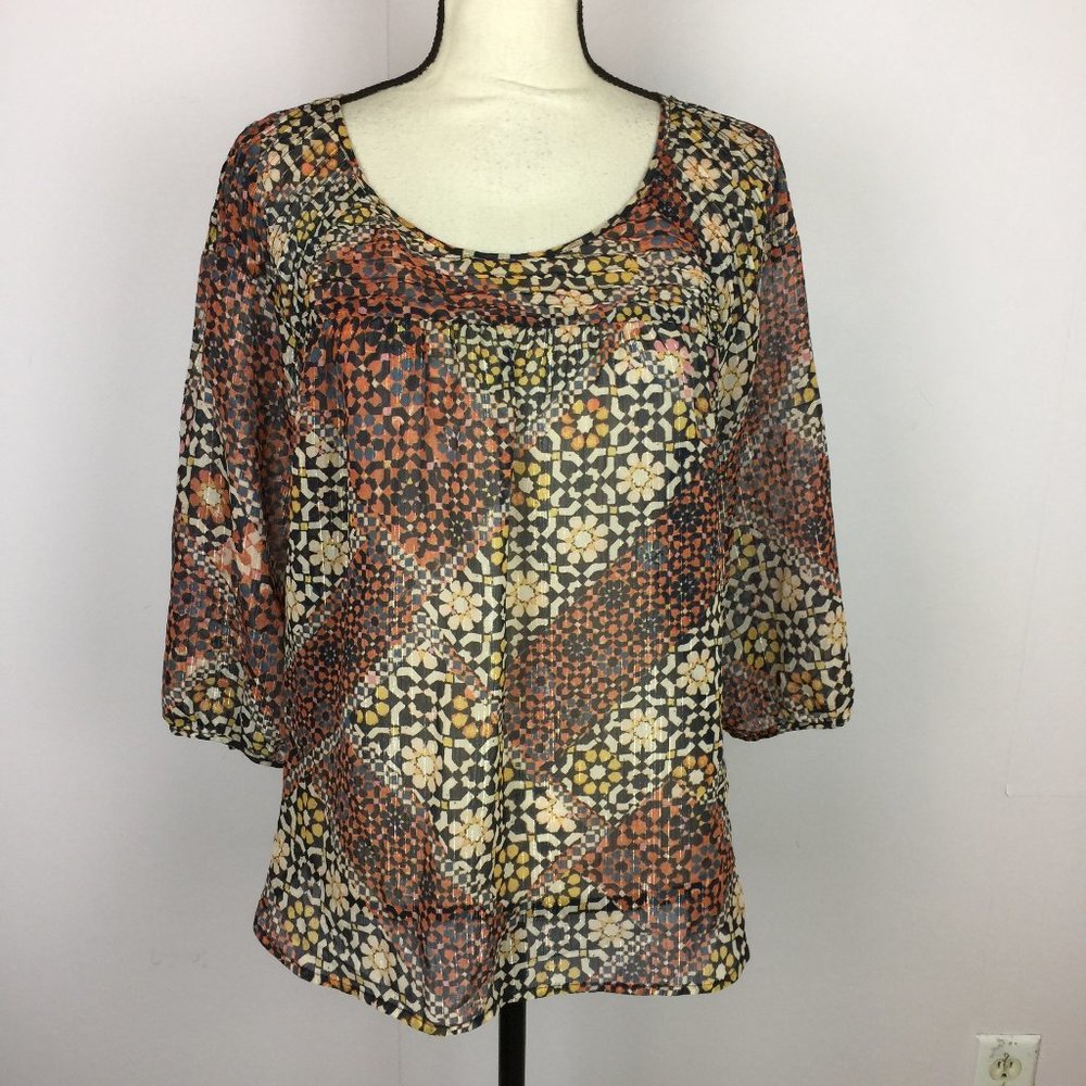 LC Lauren Conrad Blouse Top Size L Womans Red Metallic Floral Print 3/4 Sleeve
